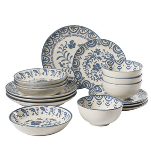 16-Piece Dinnerware Set for 4 - Stoneware - Valencia Flor - Iris Blue