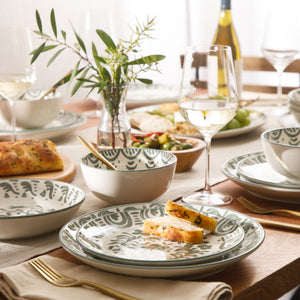 Bloomhouse - 2-Time Oprah’s Favorite Things - Valencia Flor 16 Piece Dinnerware Set, Artisanal Decorated Stoneware Plates & Bowls, Service for 4, Microwave & Dishwasher Safe, Fern Green
