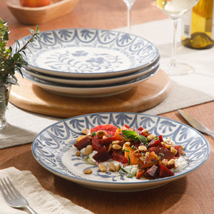 4-Piece 10.75 Inch Dinner Plate Set - Stoneware - Valencia Flor - Iris Blue