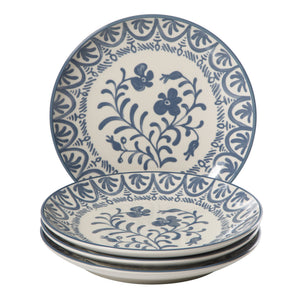 4-Piece 10.75 Inch Dinner Plate Set - Stoneware - Valencia Flor - Iris Blue