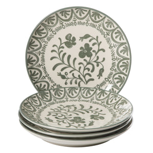 4-Piece 10.75 Inch Dinner Plate Set - Stoneware - Valencia Flor - Fern Green