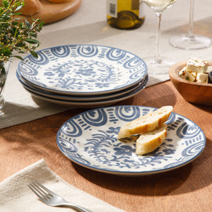 4-Piece 8.75 Inch Salad Plate Set - Stoneware - Valencia Flor - Iris Blue