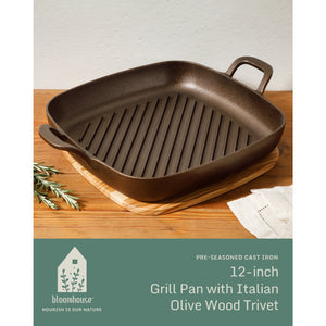 Bloomhouse Natural Bronze Finish 12-Inch Square Cast Iron Grill Pan – Dual Handles & Olive Wood Trivet, Oven, Grill & Campfire Safe