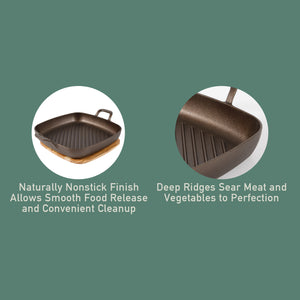 Bloomhouse Natural Bronze Finish 12-Inch Square Cast Iron Grill Pan – Dual Handles & Olive Wood Trivet, Oven, Grill & Campfire Safe