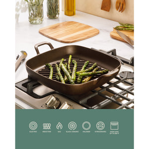 Bloomhouse Natural Bronze Finish 12-Inch Square Cast Iron Grill Pan – Dual Handles & Olive Wood Trivet, Oven, Grill & Campfire Safe