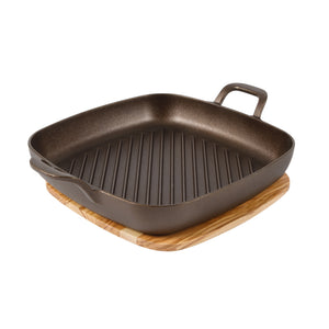 Bloomhouse Natural Bronze Finish 12-Inch Square Cast Iron Grill Pan – Dual Handles & Olive Wood Trivet, Oven, Grill & Campfire Safe
