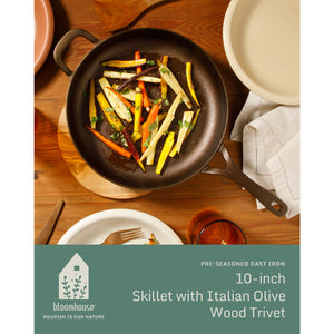 Bloomhouse Natural Bronze Finish 10-Inch Cast Iron Skillet with Long Handle, Helper Handle & Olive Wood Trivet – Fry Pan, Oven & Stovetop Safe (Copy)