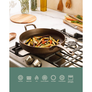 Bloomhouse Natural Bronze Finish 10-Inch Cast Iron Skillet with Long Handle, Helper Handle & Olive Wood Trivet – Fry Pan, Oven & Stovetop Safe (Copy)