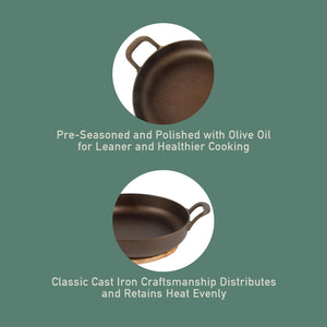 Bloomhouse Natural Bronze Finish 12-Inch Cast Iron Skillet with Long Handle, Helper Handle & Olive Wood Trivet – Fry Pan, Oven & Stovetop Safe