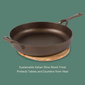 Bloomhouse Natural Bronze Finish 12-Inch Cast Iron Skillet with Long Handle, Helper Handle & Olive Wood Trivet – Fry Pan, Oven & Stovetop Safe