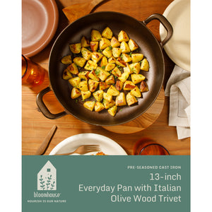Bloomhouse Natural Bronze Finish 13-Inch Round Cast Iron Everyday Pan – Dual Handles & Olive Wood Trivet, Oven, Stovetop & Campfire Safe