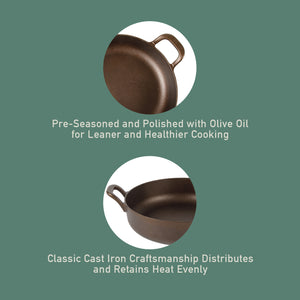 Bloomhouse Natural Bronze Finish 13-Inch Round Cast Iron Everyday Pan – Dual Handles & Olive Wood Trivet, Oven, Stovetop & Campfire Safe