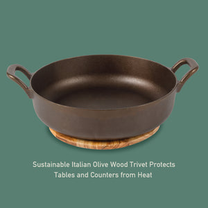 Bloomhouse Natural Bronze Finish 13-Inch Round Cast Iron Everyday Pan – Dual Handles & Olive Wood Trivet, Oven, Stovetop & Campfire Safe
