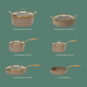 15-Piece Cookware Set - PFAS-Free Ceramic Nonstick Aluminum with Gold Handles, Cappuccino Cream