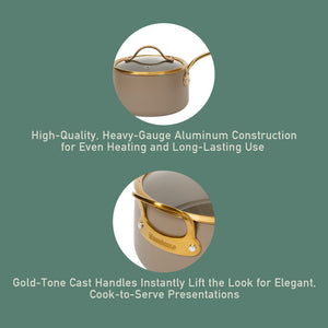 15-Piece Cookware Set - PFAS-Free Ceramic Nonstick Aluminum - Cappuccino Cream with Gold Handles
