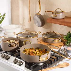 15-Piece Cookware Set - PFAS-Free Ceramic Nonstick Aluminum with Gold Handles, Cappuccino Cream