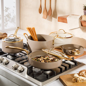 8-Piece Cookware Set - PFAS-Free Ceramic Nonstick Aluminum - Cappuccino Cream with Gold Handles