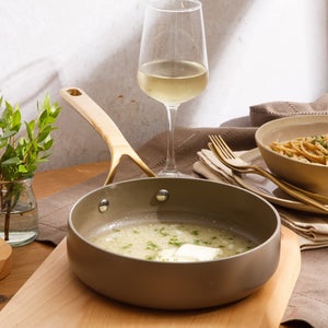 8 Inch Sauté Pan - PFAS-Free Ceramic Nonstick Aluminum with Gold Handle, Cappuccino Cream