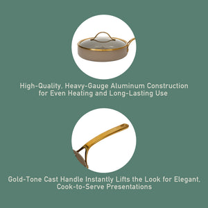 10 Inch Sauté Pan with Lid - PFAS-Free Ceramic Nonstick Aluminum with Gold Handles, Cappuccino Cream