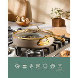 Bloomhouse 10 Inch Heavy Duty Aluminum Premium PFA Free Ceramic Nonstick Saute/Deep Frying Pan Skillet with Lid - Cappuccino Cream with Gold Handle