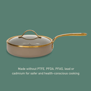 Bloomhouse 10 Inch Heavy Duty Aluminum Premium PFA Free Ceramic Nonstick Saute/Deep Frying Pan Skillet with Lid - Cappuccino Cream with Gold Handle