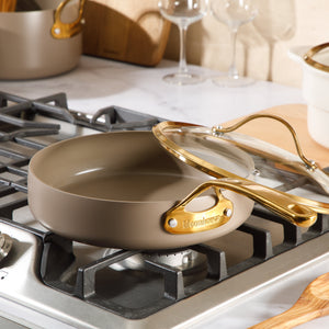 10 Inch Sauté Pan with Lid - PFAS-Free Ceramic Nonstick Aluminum with Gold Handles, Cappuccino Cream