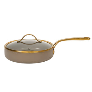10 Inch Sauté Pan with Lid - PFAS-Free Ceramic Nonstick Aluminum with Gold Handles, Cappuccino Cream