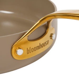 10 Inch Sauté Pan with Lid - PFAS-Free Ceramic Nonstick Aluminum with Gold Handles, Cappuccino Cream