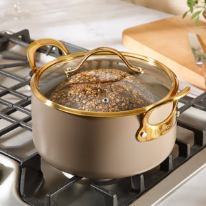 6 Quart Dutch Oven with Lid - PFAS-Free Ceramic Nonstick Aluminum with Gold Handles, Cappuccino Cream