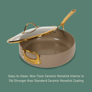 6 Quart Sauté Pan with Lid - PFAS-Free Ceramic Nonstick Aluminum with Gold Handles, Cappuccino Cream