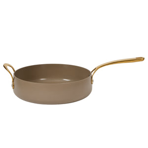 6 Quart Sauté Pan with Lid - PFAS-Free Ceramic Nonstick Aluminum with Gold Handles, Cappuccino Cream