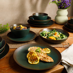 Bloomhouse Palermo Sun 16-Piece Double Bowl Stoneware Reactive Glaze Plates and Bowls Dinnerware Set