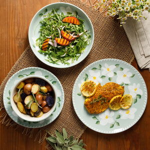 Bloomhouse Magnolia Bloom 16-Piece Double Bowl Hand Painted Stoneware Plates and Bowls Floral Dinnerware Set