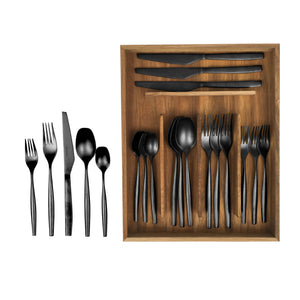 Bloomhouse 20 Piece Stone Washed Flatware 18/10 Stainless Steel Silverware Cutlery Utensil Set With Acacia Wood Caddy