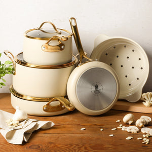 8-Piece Cookware Set - PFAS-Free Ceramic Nonstick Aluminum with Gold Handles, Almond Cream