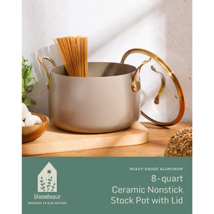 8 Quart Stock Pot with Lid - PFAS-Free Ceramic Nonstick Aluminum with Gold Handles, Cappuccino Cream