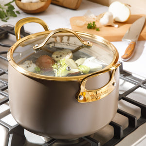 8 Quart Stock Pot with Lid - PFAS-Free Ceramic Nonstick Aluminum with Gold Handles, Cappuccino Cream