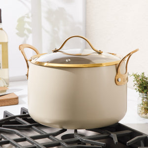 8 Quart Stock Pot with Lid - PFAS-Free Ceramic Nonstick Aluminum - Almond Cream with Gold Handles