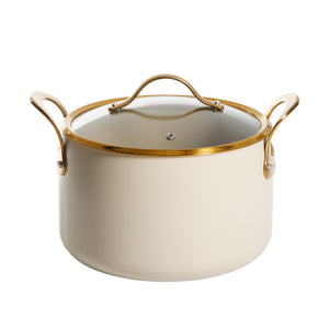8 Quart Stock Pot with Lid - PFAS-Free Ceramic Nonstick Aluminum - Almond Cream with Gold Handles