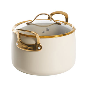 Bloomhouse 8 Quart Stock Pot with Lid – PFAS-Free Ceramic Nonstick Dutch Oven, Heavy Duty Aluminum, Oven Safe, Dishwasher Safe, Linen White with Gold Handles