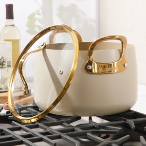 Bloomhouse 8 Quart Stock Pot with Lid – PFAS-Free Ceramic Nonstick Dutch Oven, Heavy Duty Aluminum, Oven Safe, Dishwasher Safe, Linen White with Gold Handles