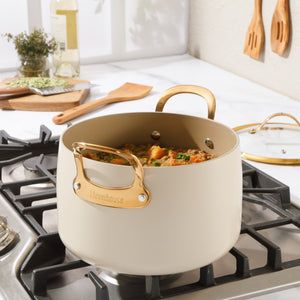 Bloomhouse 8 Quart Stock Pot with Lid – PFAS-Free Ceramic Nonstick Dutch Oven, Heavy Duty Aluminum, Oven Safe, Dishwasher Safe, Linen White with Gold Handles