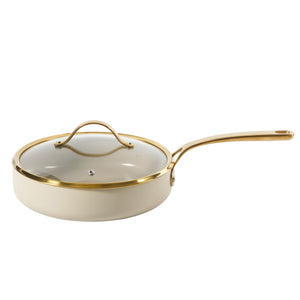 Bloomhouse 15 Piece Pots and Pans Heavy Duty Aluminum Premium PFA Free Ceramic Nonstick Dutch Oven Pot with Lid - Linen White with Gold Handle