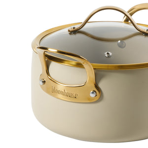 Bloomhouse 15 Piece Pots and Pans Heavy Duty Aluminum Premium PFA Free Ceramic Nonstick Dutch Oven Pot with Lid - Linen White with Gold Handle