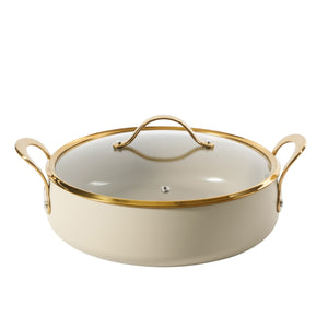 Bloomhouse 15 Piece Pots and Pans Heavy Duty Aluminum Premium PFA Free Ceramic Nonstick Dutch Oven Pot with Lid - Linen White with Gold Handle