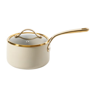 Bloomhouse 15 Piece Pots and Pans Heavy Duty Aluminum Premium PFA Free Ceramic Nonstick Dutch Oven Pot with Lid - Linen White with Gold Handle