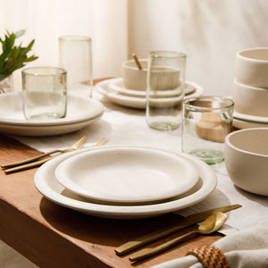Corsica Clay - 12-Piece Dinnerware Set - Reactive Glaze Stoneware, Sea Salt White