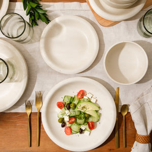 Corsica Clay - 12-Piece Dinnerware Set - Reactive Glaze Stoneware, Sea Salt White