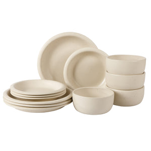 Corsica Clay - 12-Piece Dinnerware Set - Reactive Glaze Stoneware, Sea Salt White