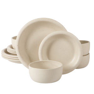 Corsica Clay - 12-Piece Dinnerware Set - Reactive Glaze Stoneware, Sea Salt White